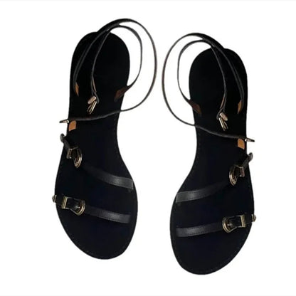 Multi Metal Buckle Design Flat Sandals Summer Open Toe Anklewrap Beach Roman Sandals Dress Shoes