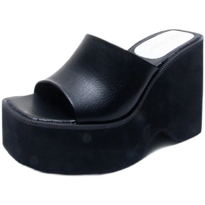 House Slippers Platform Highheeled Shoes Lady Slides Square Toe on a Wedge Low Rubber Rome Pu Fabric Hoof Shoes Slippers Heels