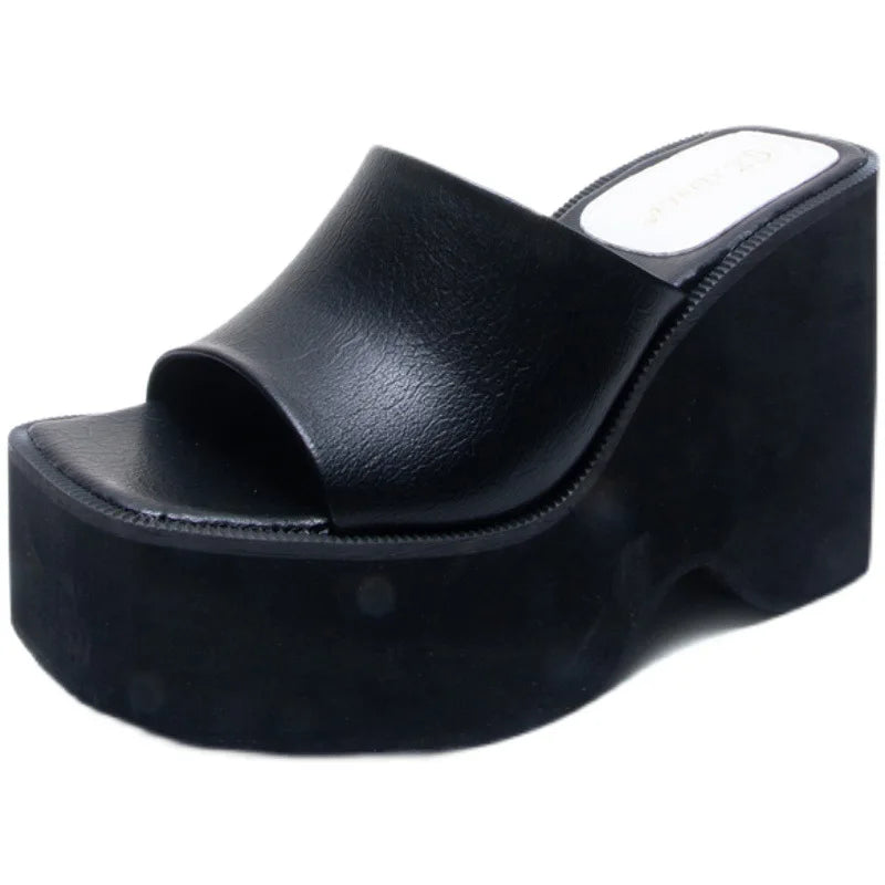 House Slippers Platform Highheeled Shoes Lady Slides Square Toe on a Wedge Low Rubber Rome Pu Fabric Hoof Shoes Slippers Heels
