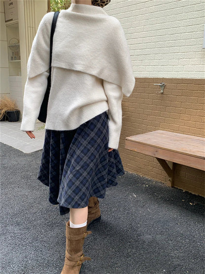 Sweaters Slim Knitted Winter Daily Office Lady Warm Sweet Loose Plaid Aline Skirts