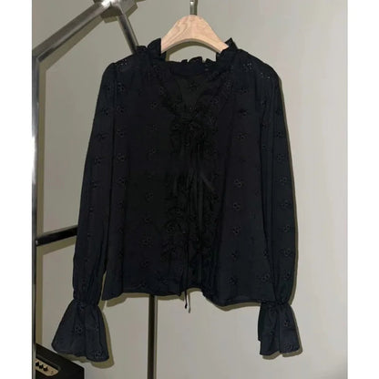 Vneck Ruffled Laceup Loose Longsleeved Shirt Summer New Korean Hollow Color Blouse