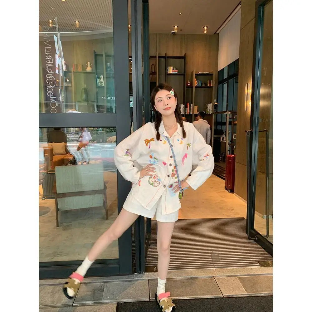Sweet Embroidery Loose Shirts Stripe Lapel Blouses Two Piece Set Korean Blusa Mujer Moda