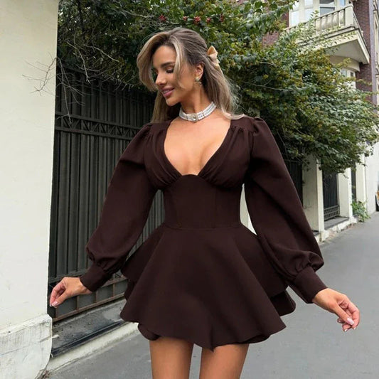Low Cut Long Sleeve Pleated Mini Dress Wrap Waist Slim Party Vestido Spring Fall Harajuku Y2k Clothes