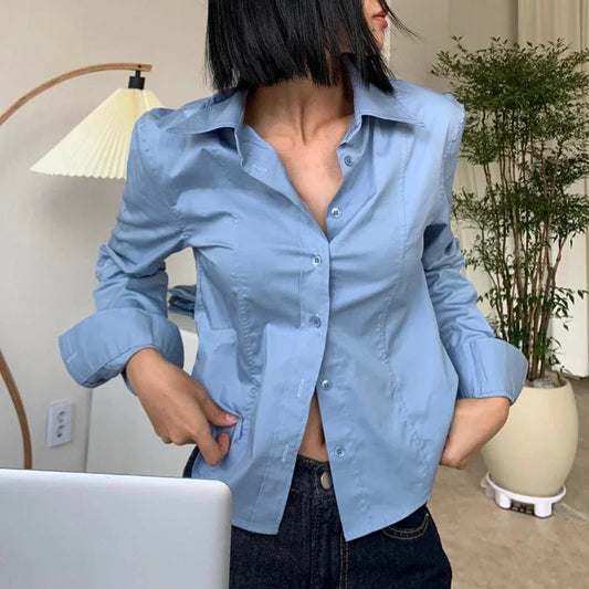 Shirts Autumn Long Sleeve Polo Neck Blouse Pattern Embroidery White Blue Tops