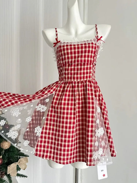 Y2k Red Plaid Mini Dresses for Spaghetti Strap Lace Patchwork A-line Birthday Party Dress Korean One Piece Vestido