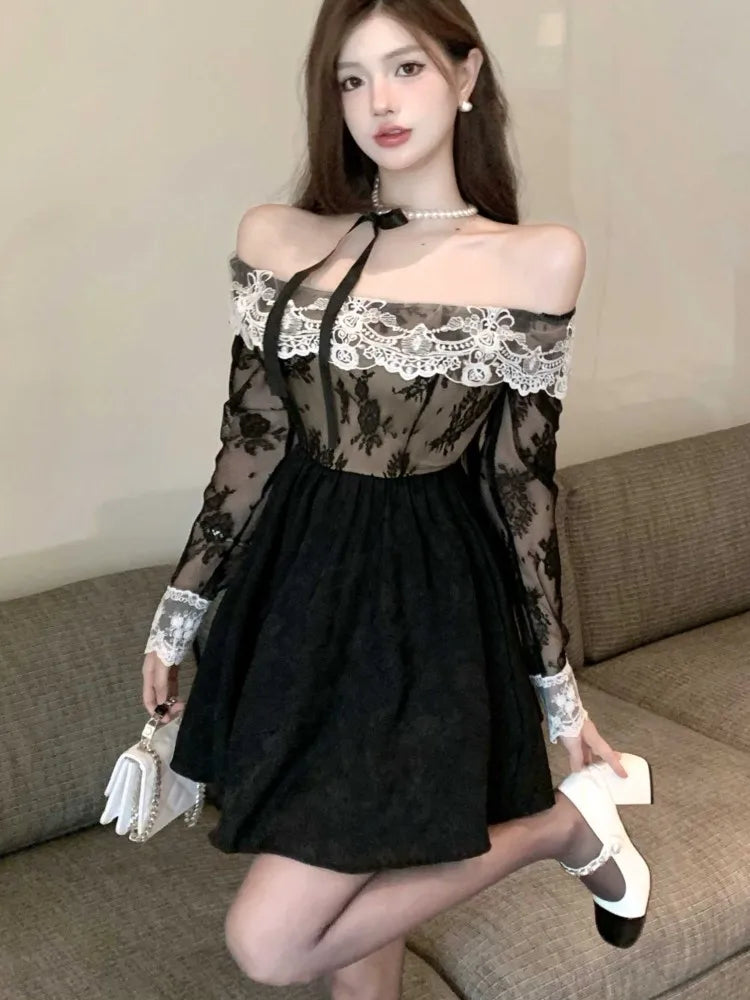 Y2k Sweet Black Mini Dresses for Slash Neck Lace Patchwork Slim Waist Aline Korean Short Vestidos Mujer