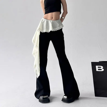 Lace Patchwork Lace Up Pants for 2205 New Slim Fit Fake Two Piece Flare Pants Y2k High Waist Black Straight Trousers
