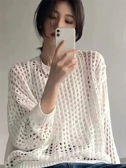 Summer Oversize T-shirt Knitted Sweater ’s Long Sleeve Transparent Top Loose Pullovers Basic T-shirt for