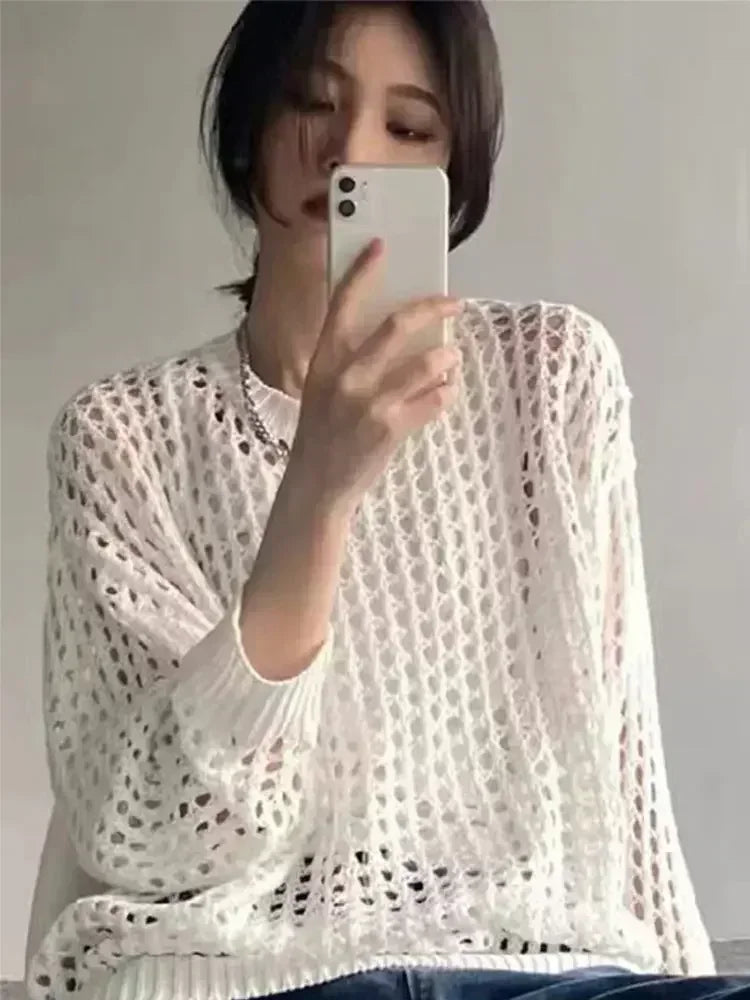 Summer Oversize T-shirt Knitted Sweater ’s Long Sleeve Transparent Top Loose Pullovers Basic T-shirt for