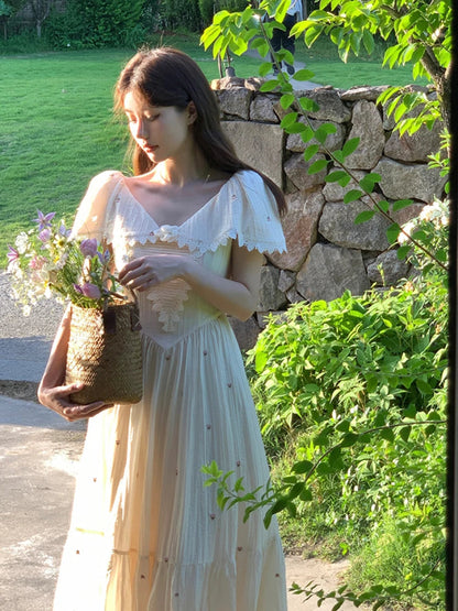Summer French Embroidery Fairy Midi Dress Party Dress Style One Piece Dress Korean