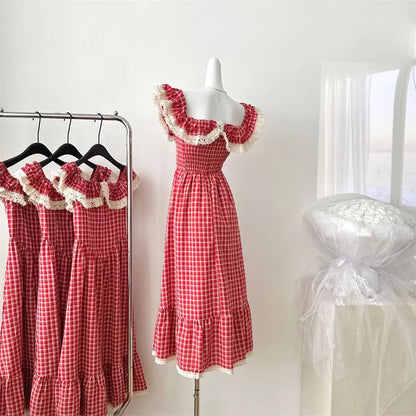 Sweet Gentle Dresses Waist Slimming Plaid Long Dress Vestidos Summer New French Design Slimming Skirt