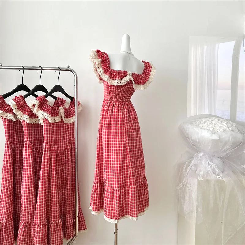 Sweet Gentle Dresses Waist Slimming Plaid Long Dress Vestidos Summer New French Design Slimming Skirt