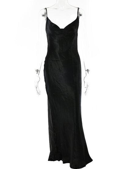 Gold Satin Lace Up Party Dress Strap Backless Silk Long Dress Club Evening Soft Winter Dress Vestidos