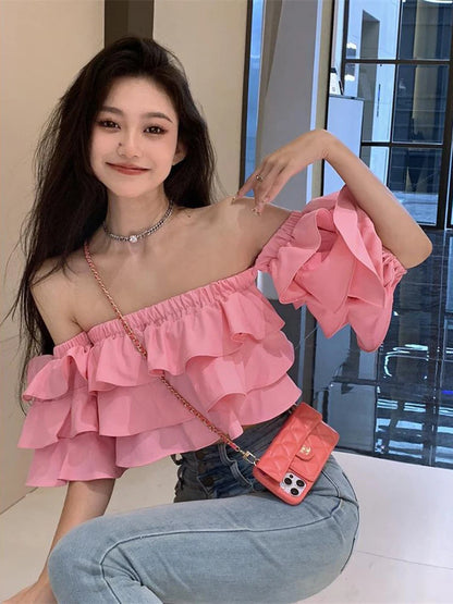 Korean Off Shoulder Woman Blouse Stacked Ruffles Crop Top Shirt Summer Designer Short Sleeve Chiffon New