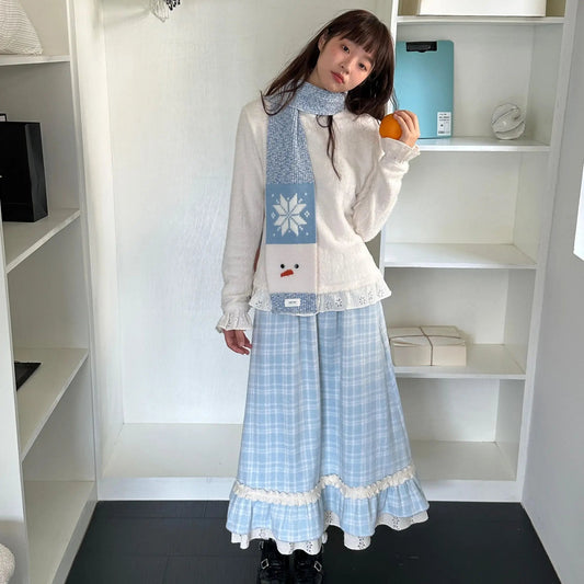 Blue Plaid Woolen Retro Plaid Lace Skirt Autumn Winter New High Waist Slimming Aline Mid Length Long Skirt