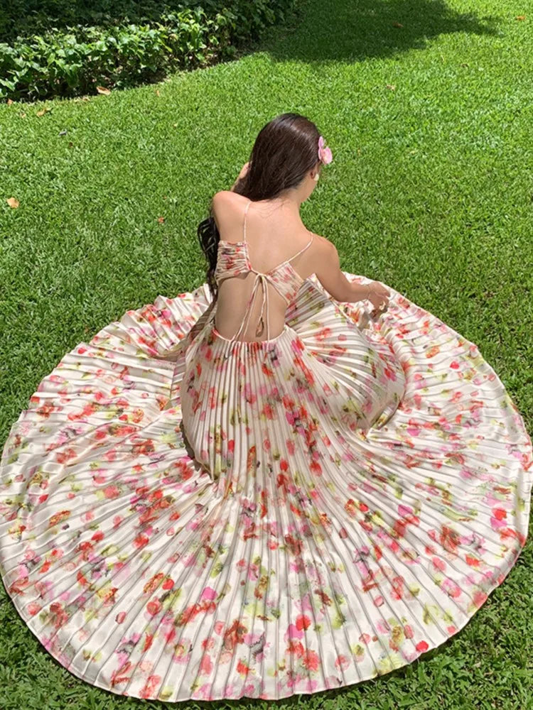 Print Long Dresses for Backless Laceup Party Dress Summer Holiday Beach Pleated Aline Vestidos Robe
