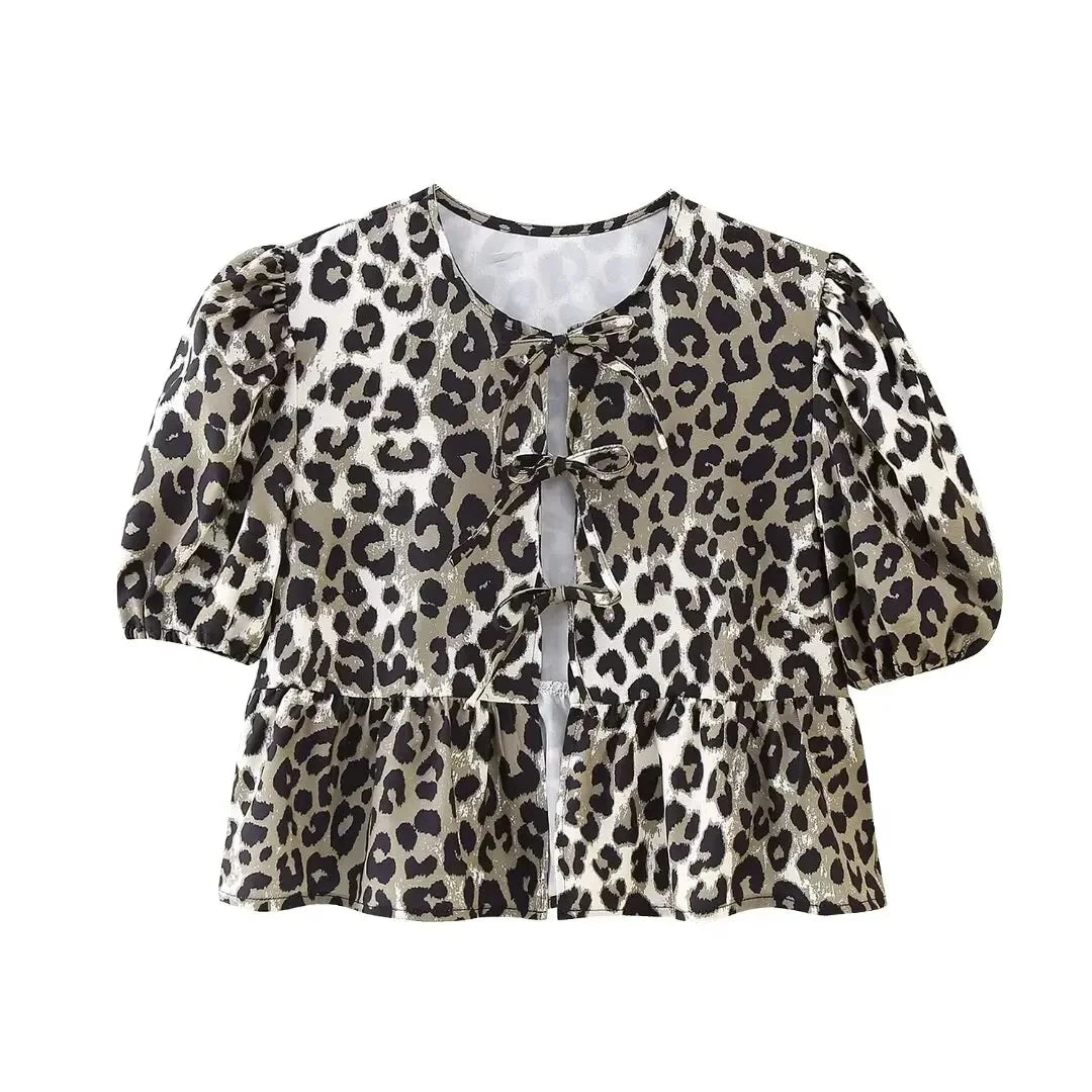 Summer Woman Bow Tied Lace Up Shirts Puff Short Sleeves Blouse Oneck Ruffle Color Tops