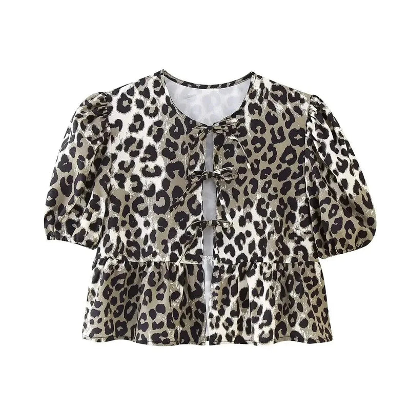 Summer Woman Bow Tied Lace Up Shirts Puff Short Sleeves Blouse Oneck Ruffle Color Tops