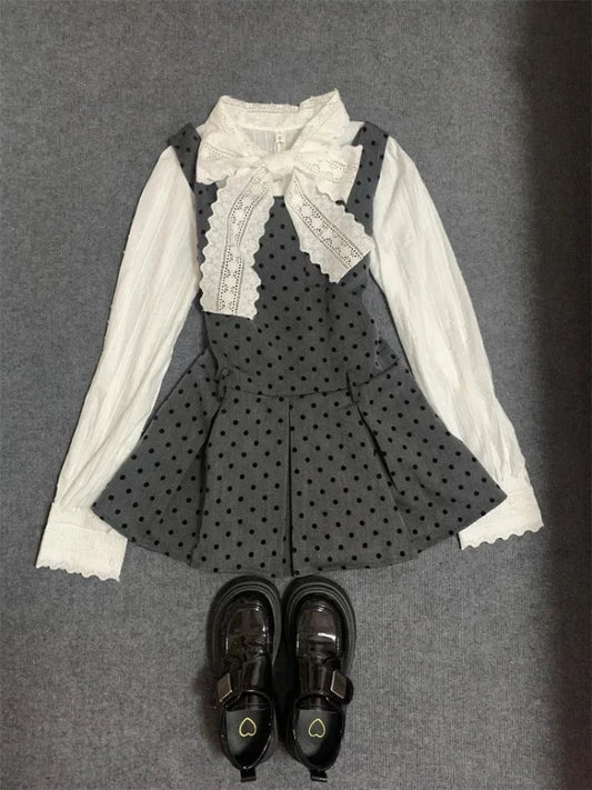 Korean Preppy Style Dress Set Bow Lace Shirt Tops + Polka Dot Mini Dress Commuter 2 Piece Set New