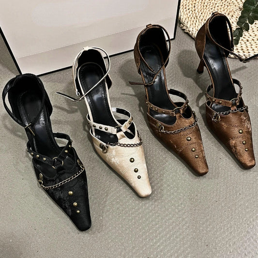 Retro Rivets Metal Chain High Heels Thin Heel Party Dress Shoes Office Shoes Pointed Toe Pump Sandals