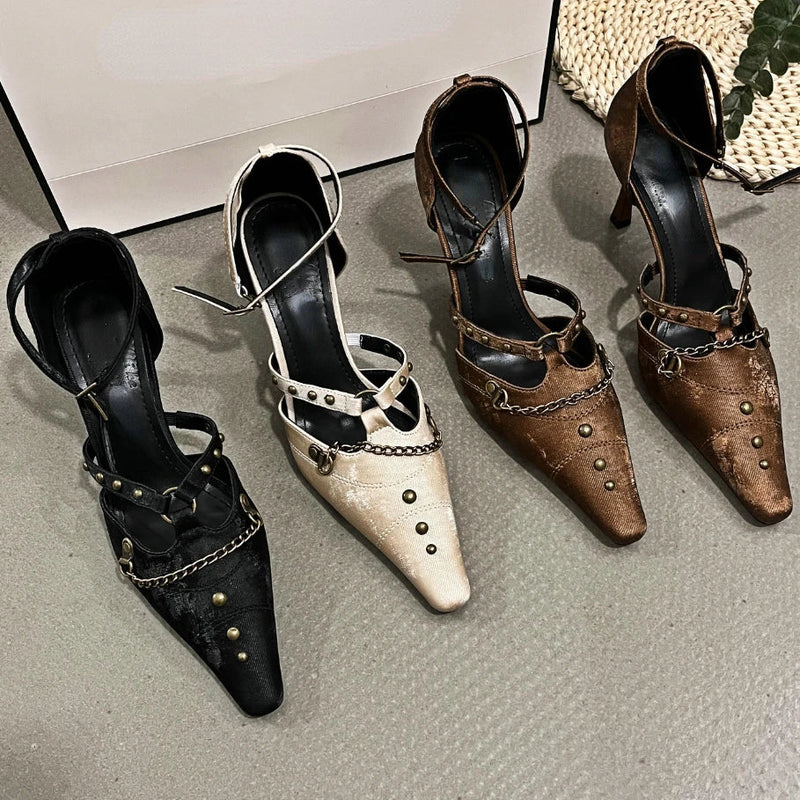 Retro Rivets Metal Chain High Heels Thin Heel Party Dress Shoes Office Shoes Pointed Toe Pump Sandals