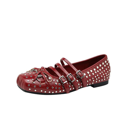 Rivet Ballet Burgundy Mary Jane Flat Shoes Summer New Bow Square Head Comfortable Shoes