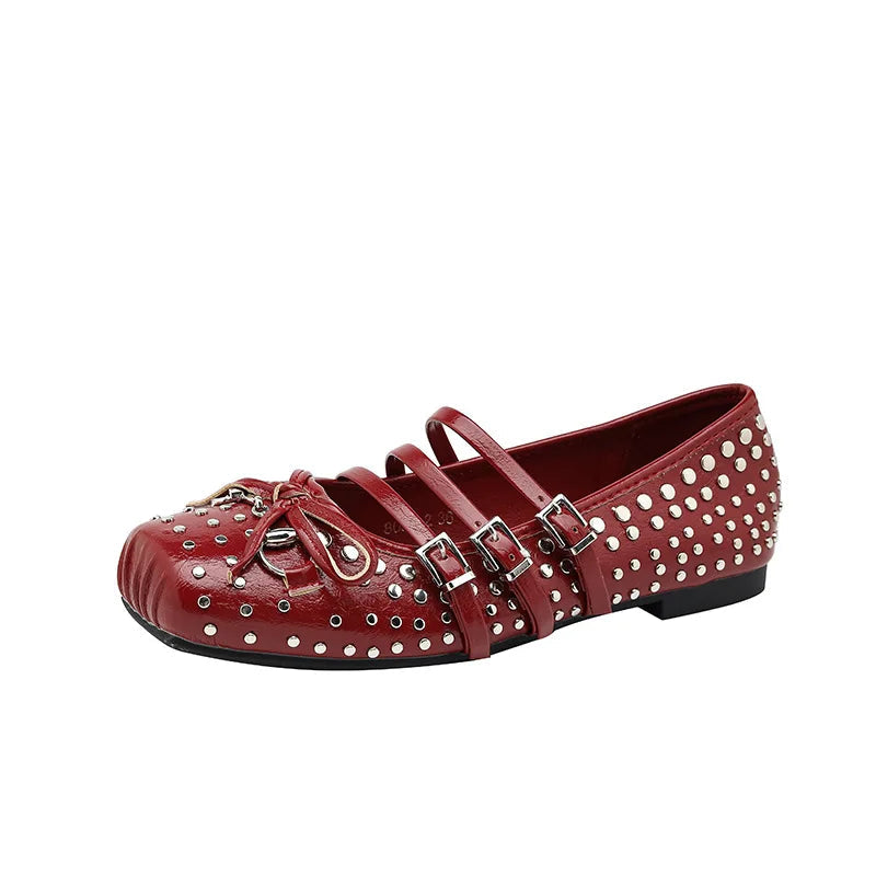 Rivet Ballet Burgundy Mary Jane Flat Shoes Summer New Bow Square Head Comfortable Shoes