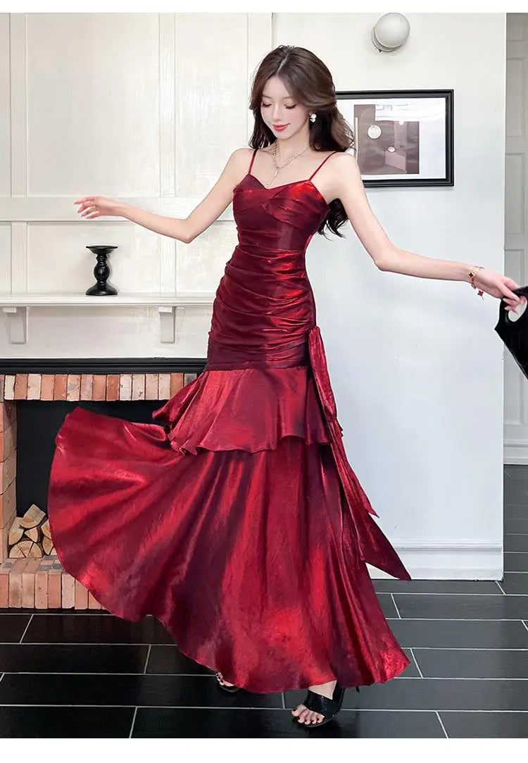 Summer French Red V Neck Sleeveless Ruffle Edge Slip Long Dress Backless Vacation Pleated Evening Party Dress