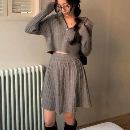Korean Two-piece Set Pullover Turn-down Collar Crop Top Mini Skirt Suit Autumn New Knitwear Outfits