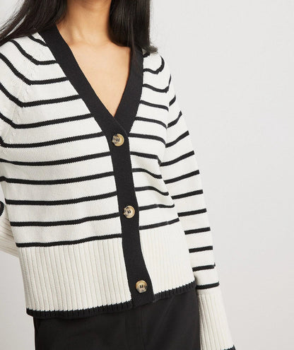 European and American Autumn and Winter New Versatile V-neck Striped Knitted Cardigan Sweater Striped Jacket