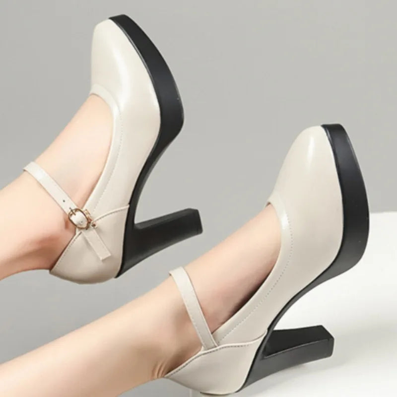 Ankle Strap Thick Heels Pumps for Pu Leather Office High Heeled Shoes Woman's Platform Mary Jane Shoes