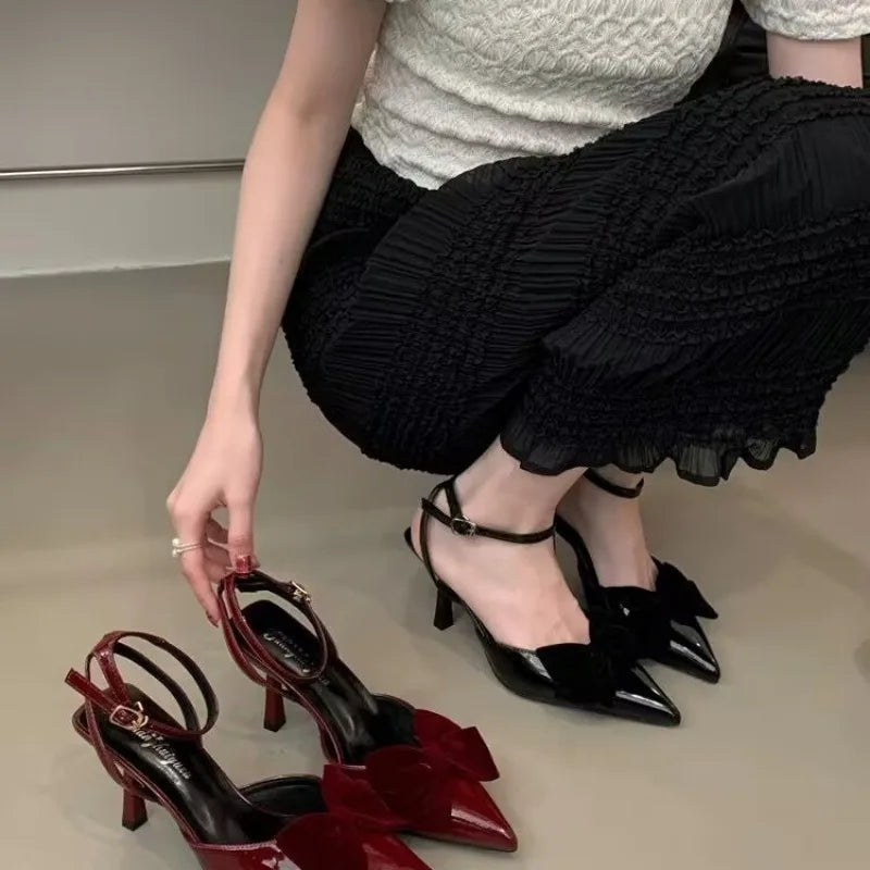 Sweet Velvet Leather Ankle Strap Buckle Sandals Summer Heels Diagonal Heels Sandals Shoes for