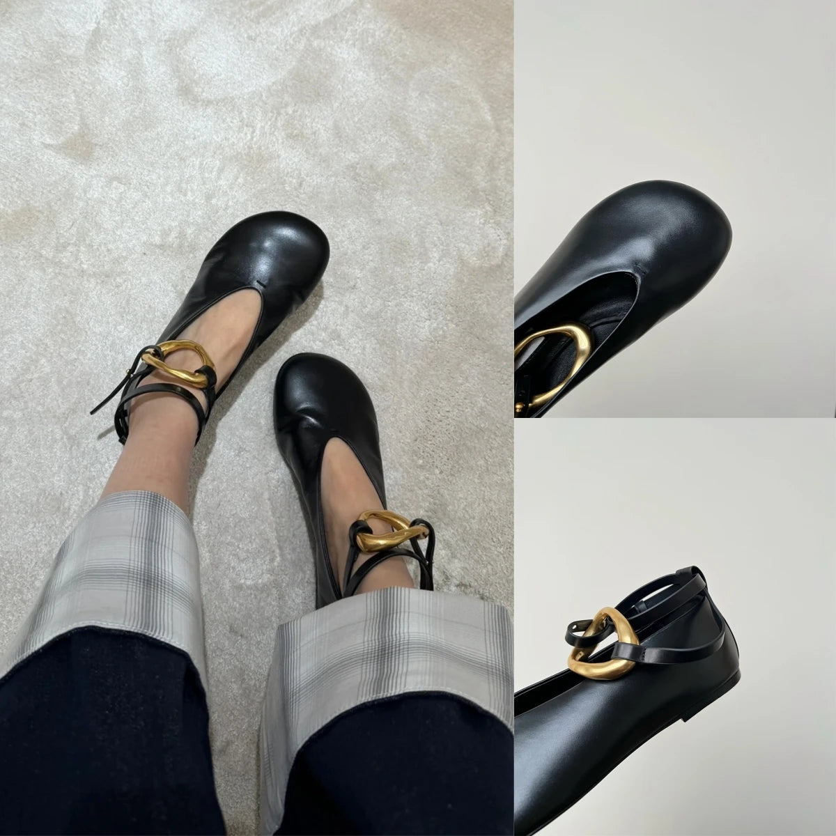 Sandals Mary Jane Flats Dupe Silver Black Gold Big Size Ankle Strap Round Toe Ballerinas Shoes