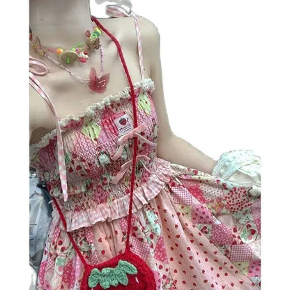 Japan Kawaii Dress Strawberry Stitching Suspender Skirt Laceup Cardigan Japanese Style Sweet