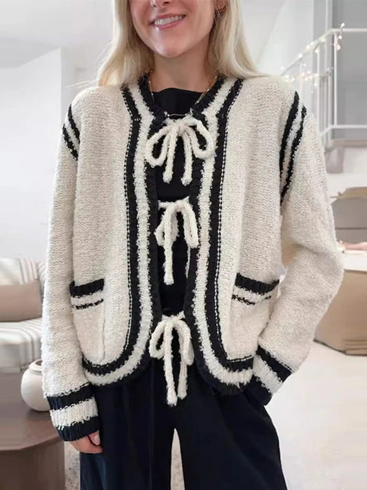 Knitted Lace Up Cardigan Winter Loose Contrast Color O-neck Pockets Sweaters Female Warm Knitwear