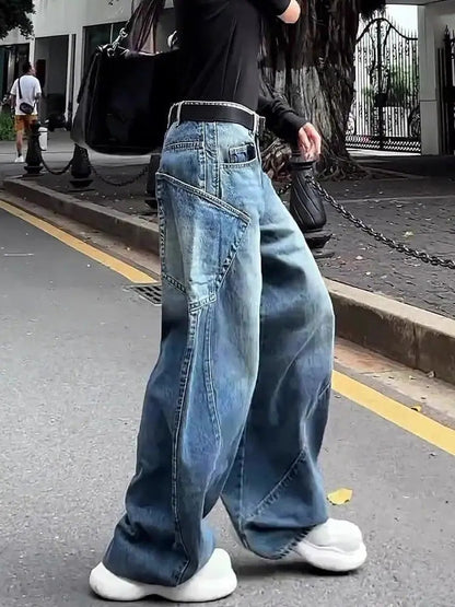 Fashionable High Street Straight Loose Jeans Simple Pocket Loose Wide-leg Jeans Harajuku Style Hip Hop Y2k Pants Baggy Pants