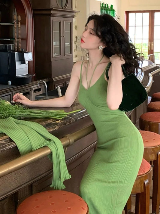 Knitted 2-piece Dress Set Crop Cardigan V-neck Spaghetti Strap Bodycon Midi Dress Autumn New Female Clothing