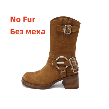 Cow Suede Leather Midcalf Boots Thick High Heels Autumn Winter Warm High Boots Motorcycle Boots Shoes