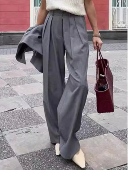 New Autumn Gray Straight Pant Cotton Blend Color High Wiast Loose Woman Trouser Simple Female Clothing New