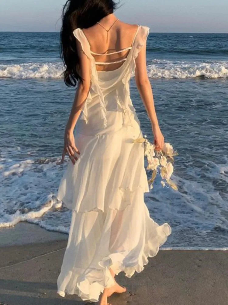 Backless Slip Dresses Summer New Asymmetrical Ruffles Holiday Beach Party Club Split Long Dress