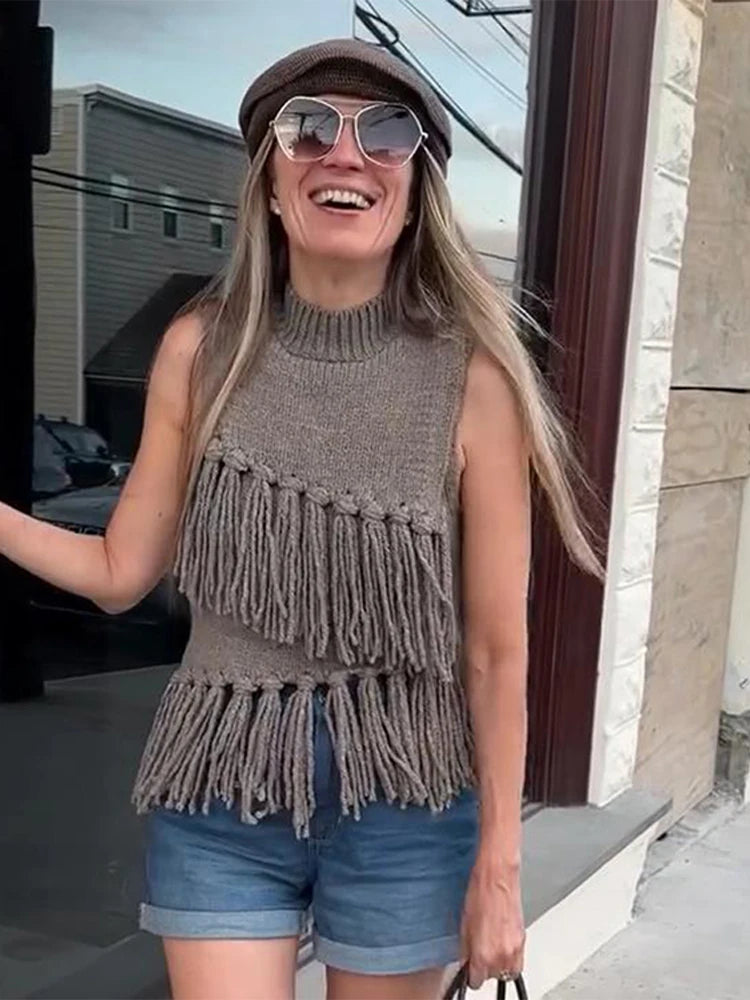 Knitted Sleeveless Tassel Sweater Turtleneck Pullover Sweaters Female Spring Design Street Tops
