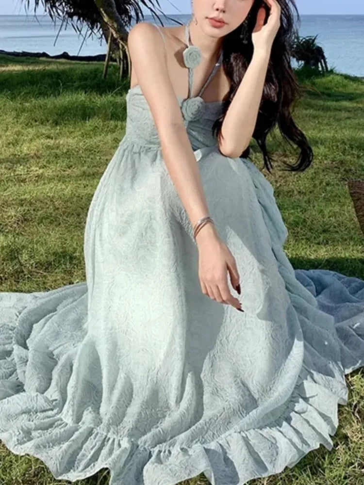 Korean Fairycore Midi Dress for Sweet Spaghetti Strap Halter Ruffles Birthday Party Dresses Summer Holiday Beach Vestidos