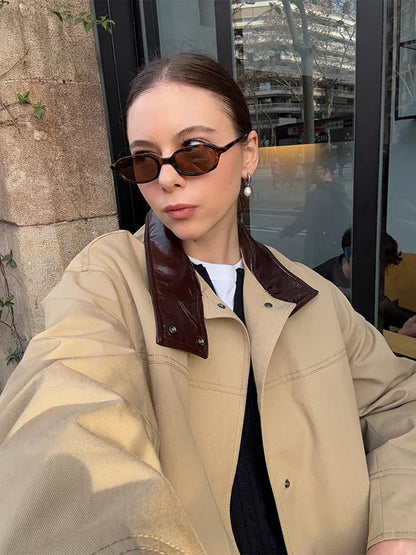 Leather Collar Cargo Jacket Button Down Plaid Pattern Patchwork Jackets Contrast Color Trench Coat Loose Outwear