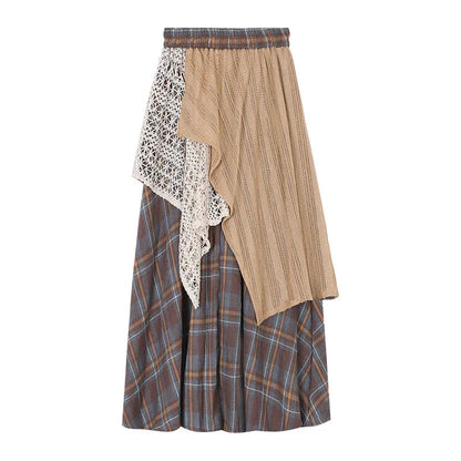 Contrast Color Patchwork Aline Skirt Spring New High Waist Hollow Loose Pleated Plaid Midlength Skirt