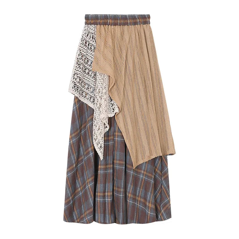 Contrast Color Patchwork Aline Skirt Spring New High Waist Hollow Loose Pleated Plaid Midlength Skirt