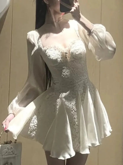 Lace Patchwork Mini Dress for Square Collar Long Sleeves Princess Birthday Evening Dresses Aline Short Vestidos
