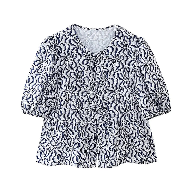 Summer Printed Cropped Shirts Top Puff Short Sleeves Round Neck Blouse Female Laceup Tshrit