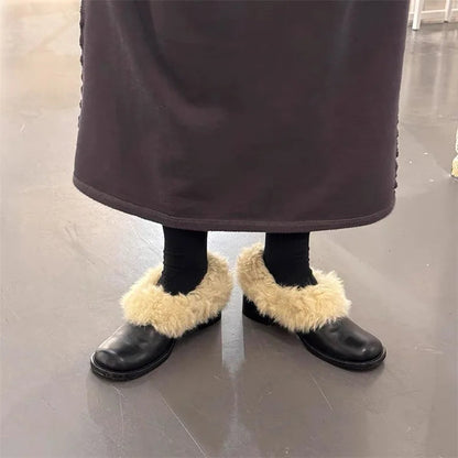 Autumn Winter New Square Toe Thick Heel Hairy Loafers Leather Korean Version Versatile Small Leather Shoes Cotton Shoes