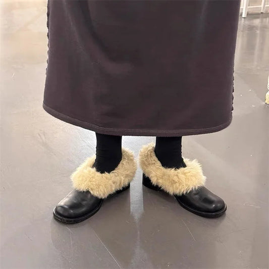 Autumn Winter New Square Toe Thick Heel Hairy Loafers Leather Korean Version Versatile Small Leather Shoes Cotton Shoes