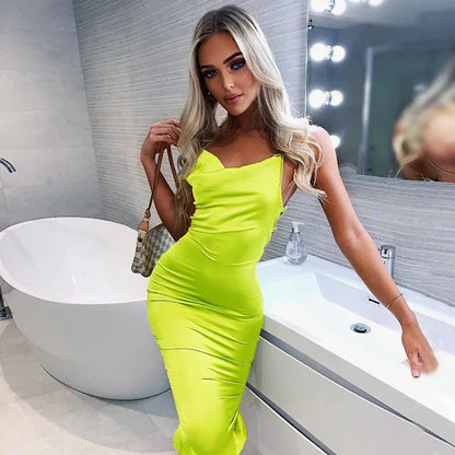 Neon Lace Up Light Pink Backless Party Club Clothes Dinner Midi Dresses